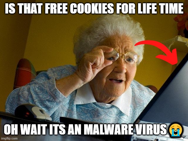 malware | IS THAT FREE COOKIES FOR LIFE TIME; OH WAIT ITS AN MALWARE VIRUS😭 | image tagged in memes,grandma finds the internet | made w/ Imgflip meme maker