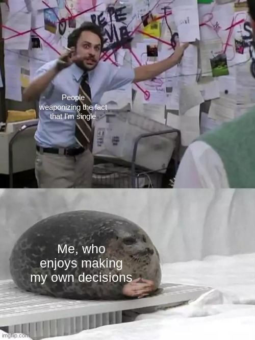 :/ | People weaponizing the fact that I'm single; Me, who enjoys making my own decisions | image tagged in man explaining to seal | made w/ Imgflip meme maker