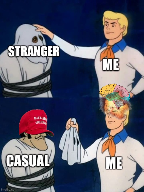 Scooby doo mask reveal | ME; STRANGER; ME; CASUAL | image tagged in scooby doo mask reveal | made w/ Imgflip meme maker