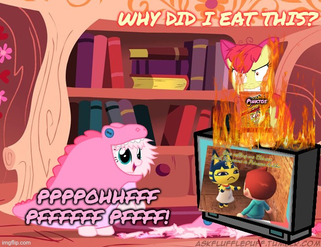 Flaming hot cheetos problems | WHY DID I EAT THIS? Pinktos; PPPPOHHFFF PFFFFFF PFFFF! | image tagged in fluffle puff,apple bloom,flaming hot cheetos,mlp,cheetos | made w/ Imgflip meme maker