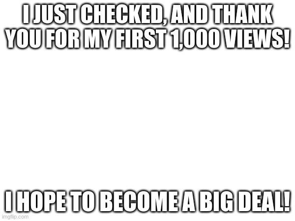 I JUST CHECKED, AND THANK YOU FOR MY FIRST 1,000 VIEWS! I HOPE TO BECOME A BIG DEAL! | made w/ Imgflip meme maker