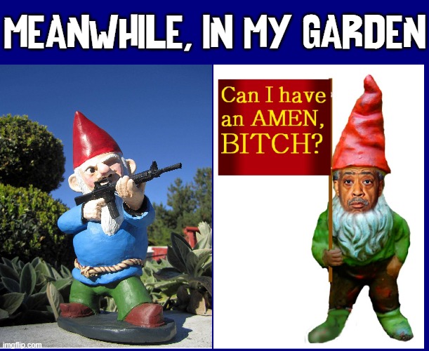 Reverend Al Gnome Wanted Reparations | MEANWHILE, IN MY GARDEN | image tagged in vince vance,garden,gnomes,memes,reparations,rev al sharpton | made w/ Imgflip meme maker