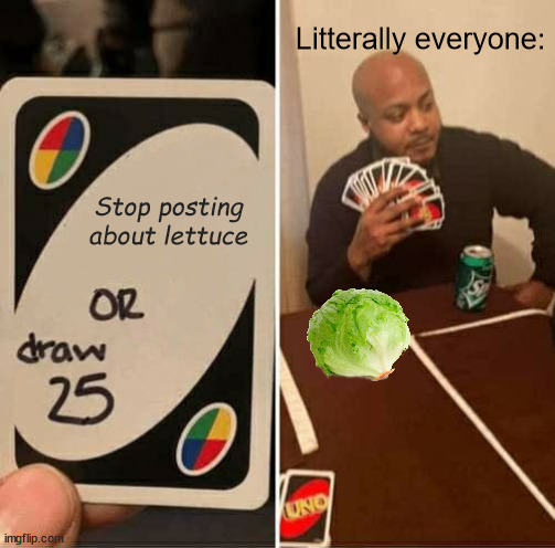 [Insert a stop posting about X copypasta here] | Litterally everyone:; Stop posting about lettuce | image tagged in memes,uno draw 25 cards | made w/ Imgflip meme maker