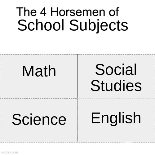 Four horsemen | School Subjects; Math
 
 
Science; Social
 Studies 
 
English | image tagged in four horsemen | made w/ Imgflip meme maker