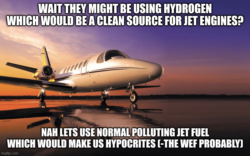 Private jet | WAIT THEY MIGHT BE USING HYDROGEN WHICH WOULD BE A CLEAN SOURCE FOR JET ENGINES? NAH LETS USE NORMAL POLLUTING JET FUEL WHICH WOULD MAKE US  | image tagged in private jet | made w/ Imgflip meme maker