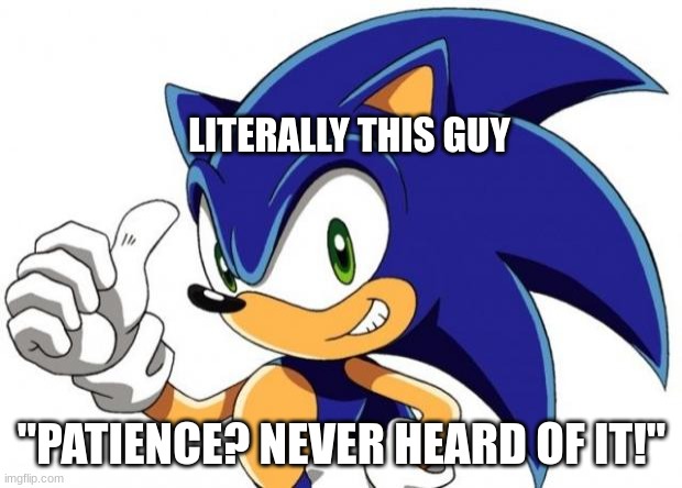 Sonic The Hedgehog Approves | LITERALLY THIS GUY "PATIENCE? NEVER HEARD OF IT!" | image tagged in sonic the hedgehog approves | made w/ Imgflip meme maker