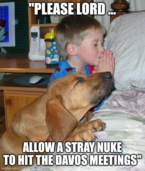 Only hope for peace in the world | "PLEASE LORD ... ALLOW A STRAY NUKE TO HIT THE DAVOS MEETINGS" | image tagged in boy and dog praying | made w/ Imgflip meme maker