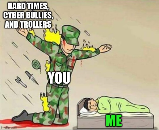 you protecting me | HARD TIMES, CYBER BULLIES, AND TROLLERS; YOU; ME | image tagged in soldier protecting sleeping child | made w/ Imgflip meme maker