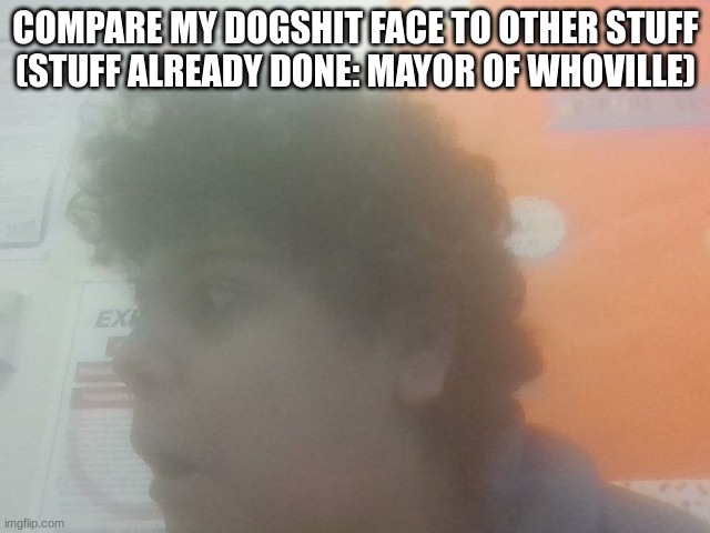 nnnjnjj | COMPARE MY DOGSHIT FACE TO OTHER STUFF
(STUFF ALREADY DONE: MAYOR OF WHOVILLE) | made w/ Imgflip meme maker