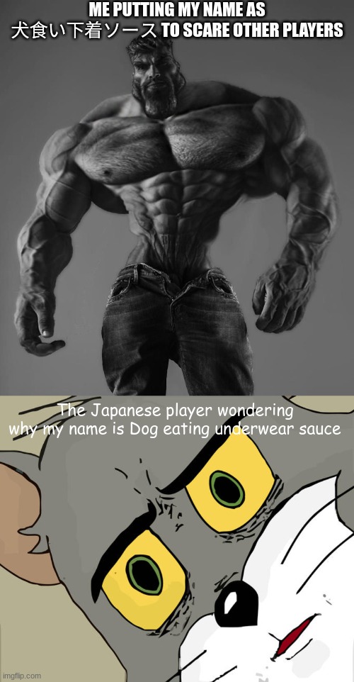 lol | ME PUTTING MY NAME AS 犬食い下着ソース TO SCARE OTHER PLAYERS; The Japanese player wondering why my name is Dog eating underwear sauce | image tagged in gigachad,memes,unsettled tom | made w/ Imgflip meme maker