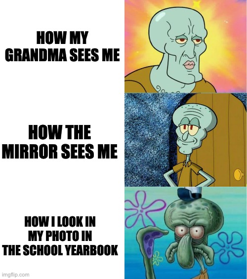 me | HOW MY GRANDMA SEES ME; HOW THE MIRROR SEES ME; HOW I LOOK IN MY PHOTO IN THE SCHOOL YEARBOOK | image tagged in handsome and ugly squidward extended version | made w/ Imgflip meme maker