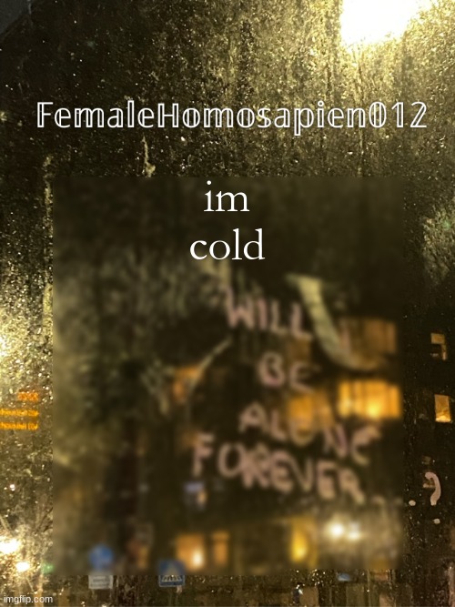 FemaleHomosapien012 | im cold | image tagged in femalehomosapien012 | made w/ Imgflip meme maker