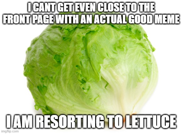 I can't believe it has come to this *sigh* | I CANT GET EVEN CLOSE TO THE FRONT PAGE WITH AN ACTUAL GOOD MEME; I AM RESORTING TO LETTUCE | image tagged in lettuce,wtf,how,sigh | made w/ Imgflip meme maker