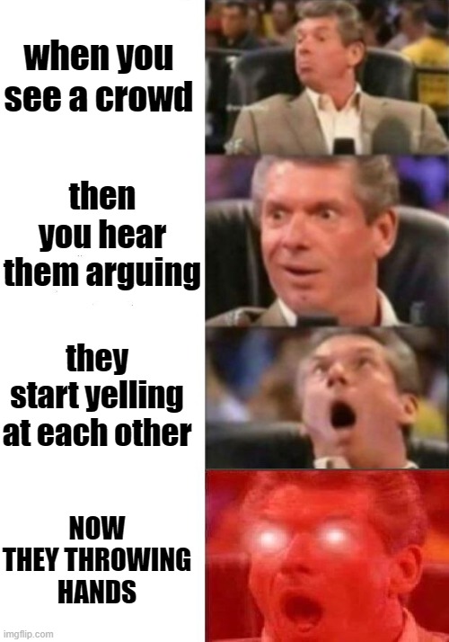 Mr. McMahon reaction | when you see a crowd; then you hear them arguing; they start yelling at each other; NOW THEY THROWING HANDS | image tagged in mr mcmahon reaction | made w/ Imgflip meme maker
