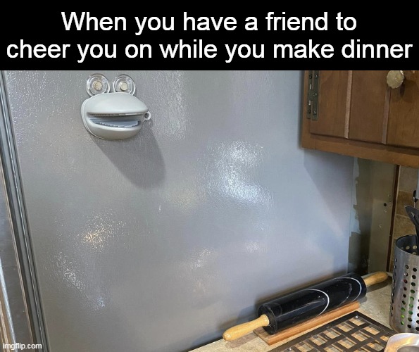 When you have a friend to cheer you on while you make dinner | image tagged in meme,memes,funny,humor | made w/ Imgflip meme maker