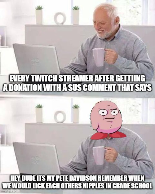 WHAT | EVERY TWITCH STREAMER AFTER GETTIING A DONATION WITH A SUS COMMENT THAT SAYS; HEY DUDE ITS MY PETE DAVIDSON REMEMBER WHEN WE WOULD LICK EACH OTHERS NIPPLES IN GRADE SCHOOL | image tagged in memes,hide the pain harold | made w/ Imgflip meme maker