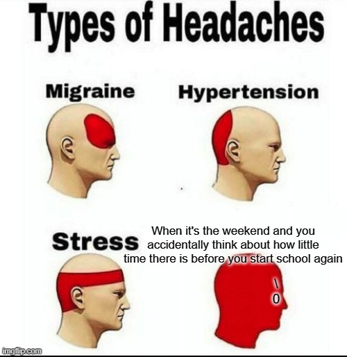 Or is it just me? | When it's the weekend and you accidentally think about how little time there is before you start school again; \
0 | image tagged in types of headaches meme | made w/ Imgflip meme maker