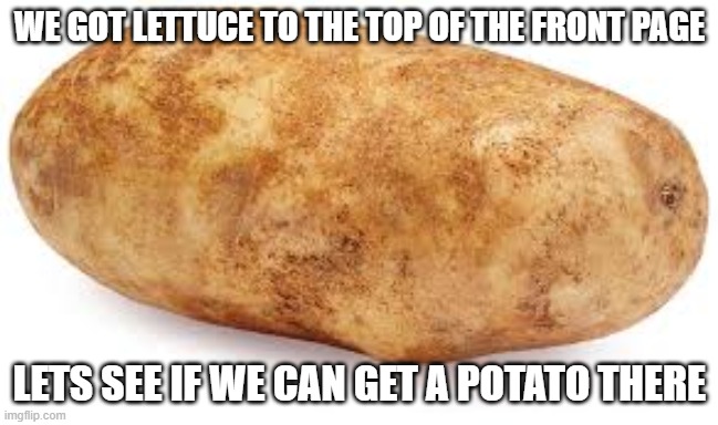 Potato | WE GOT LETTUCE TO THE TOP OF THE FRONT PAGE; LETS SEE IF WE CAN GET A POTATO THERE | image tagged in potato | made w/ Imgflip meme maker