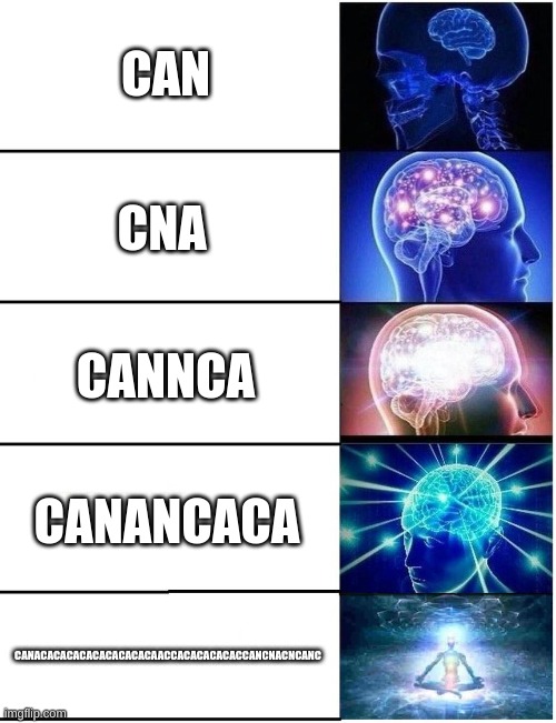 Memes i got from meh toaster 7890 |  CAN; CNA; CANNCA; CANANCACA; CANACACACACACACACACACAACCACACACACACCANCNACNCANC | image tagged in expanding brain 5 panel | made w/ Imgflip meme maker