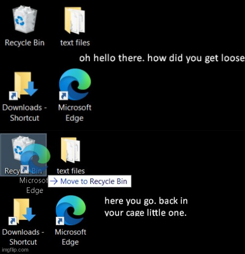 back where you belong. | image tagged in microsoft edge,internet explorer,browser,worthless,microsoft,into the trash it goes | made w/ Imgflip meme maker