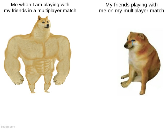 Buff Doge vs. Cheems | Me when I am playing with my friends in a multiplayer match; My friends playing with me on my multiplayer match | image tagged in memes,buff doge vs cheems | made w/ Imgflip meme maker