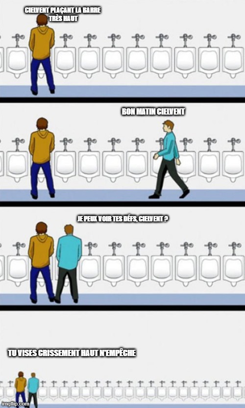 Bathroom | CIELVENT PLAÇANT LA BARRE 
TRÈS HAUT; BON MATIN CIELVENT; JE PEUX VOIR TES DÉFS, CIELVENT ? TU VISES CRISSEMENT HAUT N'EMPÊCHE | image tagged in bathroom | made w/ Imgflip meme maker