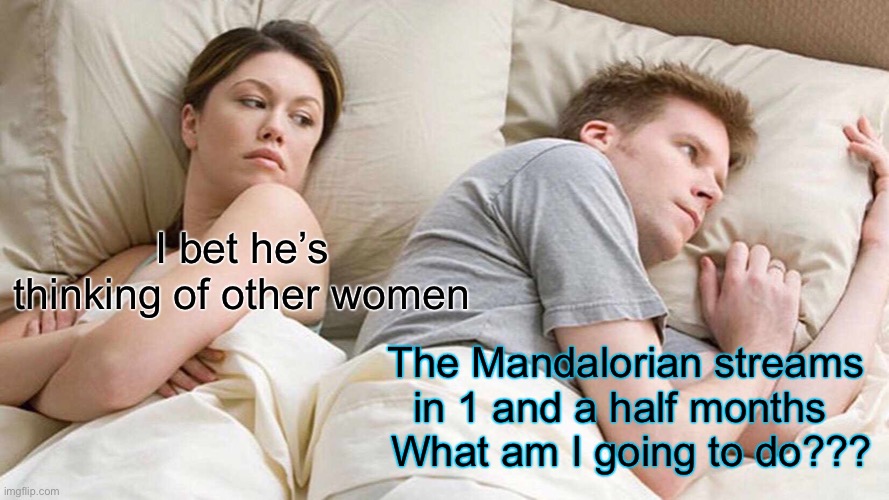 What are we going to do? | I bet he’s thinking of other women; The Mandalorian streams in 1 and a half months 
 What am I going to do??? | image tagged in memes,i bet he's thinking about other women,star wars | made w/ Imgflip meme maker