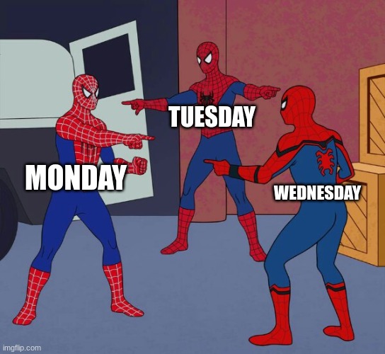 Spider Man Triple |  TUESDAY; MONDAY; WEDNESDAY | image tagged in spider man triple | made w/ Imgflip meme maker