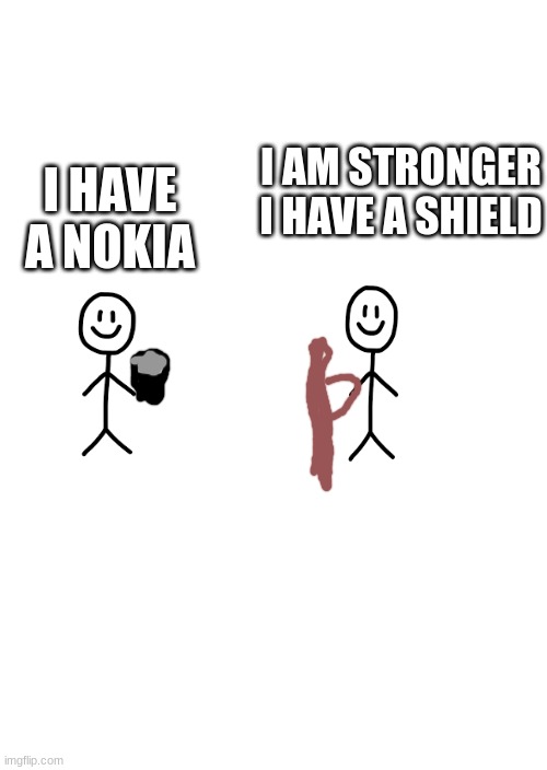 Crazy | I AM STRONGER I HAVE A SHIELD; I HAVE A NOKIA | image tagged in white blank space | made w/ Imgflip meme maker