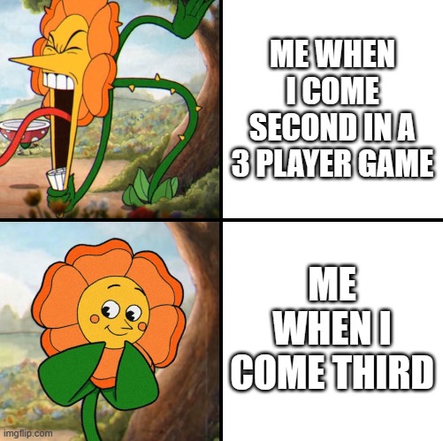 angry flower | ME WHEN I COME SECOND IN A 3 PLAYER GAME; ME WHEN I COME THIRD | image tagged in angry flower | made w/ Imgflip meme maker