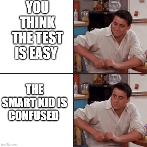 Joey Friends | YOU THINK THE TEST IS EASY; THE SMART KID IS CONFUSED | image tagged in joey friends | made w/ Imgflip meme maker
