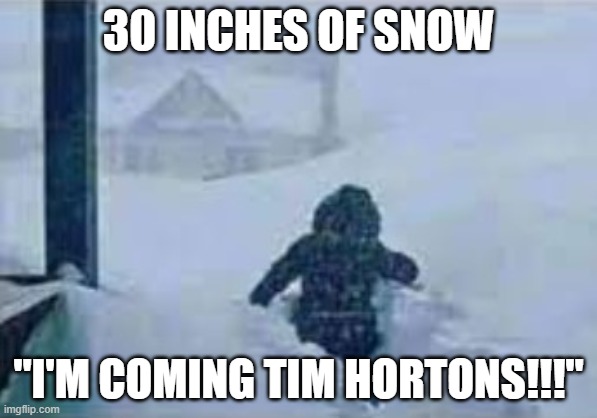 Canadians ? | 30 INCHES OF SNOW; "I'M COMING TIM HORTONS!!!" | image tagged in canada | made w/ Imgflip meme maker