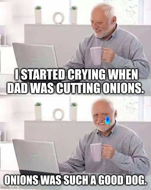Hide the Pain Harold |  I STARTED CRYING WHEN DAD WAS CUTTING ONIONS. ONIONS WAS SUCH A GOOD DOG. | image tagged in memes,hide the pain harold | made w/ Imgflip meme maker