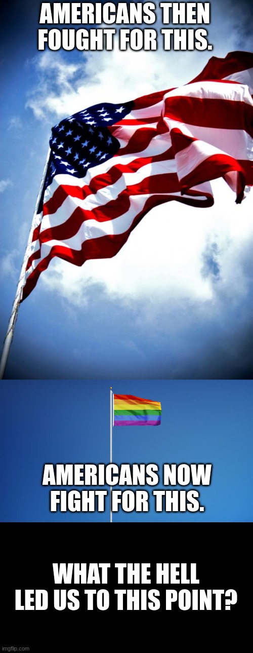 AMERICANS THEN FOUGHT FOR THIS. AMERICANS NOW FIGHT FOR THIS. WHAT THE HELL LED US TO THIS POINT? | image tagged in u s military flag waving on pole,lgbtq flag | made w/ Imgflip meme maker