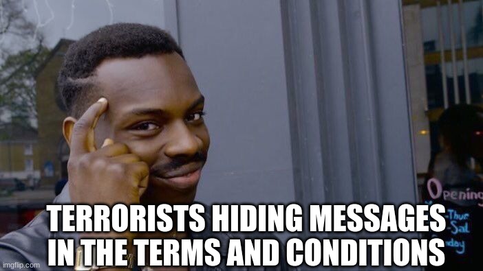 How would we know? | TERRORISTS HIDING MESSAGES IN THE TERMS AND CONDITIONS | image tagged in memes,roll safe think about it | made w/ Imgflip meme maker