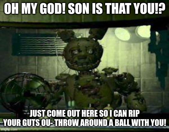 Family reunion gone wrong | OH MY GOD! SON IS THAT YOU!? JUST COME OUT HERE SO I CAN RIP YOUR GUTS OU- THROW AROUND A BALL WITH YOU! | image tagged in fnaf springtrap in window | made w/ Imgflip meme maker