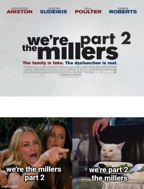 The Millers | we're the millers 
part 2; we're part 2 
the millers | image tagged in memes,woman yelling at cat,we are the millers,jennifer aniston,films,friends | made w/ Imgflip meme maker