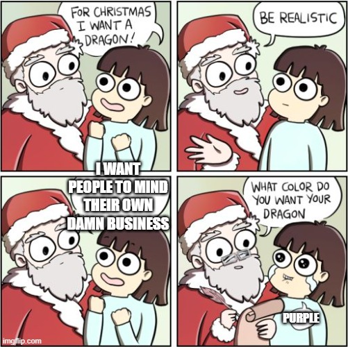 never gonna happen | I WANT PEOPLE TO MIND THEIR OWN DAMN BUSINESS; PURPLE | image tagged in for christmas i want a dragon | made w/ Imgflip meme maker