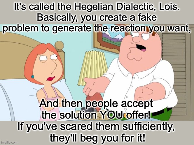 Insert ALL the liberal lefts pets here. | It's called the Hegelian Dialectic, Lois.
Basically, you create a fake problem to generate the reaction you want, And then people accept 
the solution YOU offer! 
If you've scared them sufficiently, 
they'll beg you for it! | image tagged in peter explains,stupid liberals | made w/ Imgflip meme maker