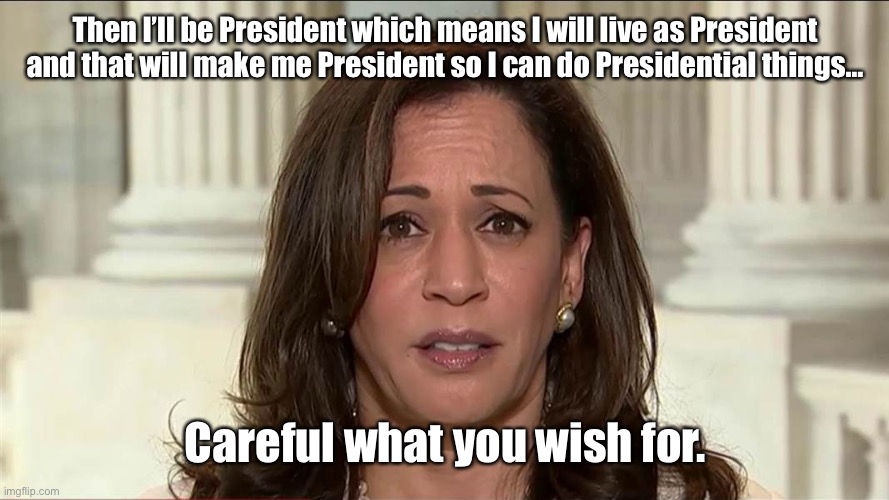 kamala harris | Then I’ll be President which means I will live as President and that will make me President so I can do Presidential things… Careful what yo | image tagged in kamala harris | made w/ Imgflip meme maker