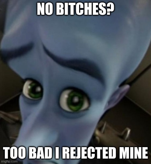 Megamind no bitches | NO BITCHES? TOO BAD I REJECTED MINE | image tagged in megamind no bitches | made w/ Imgflip meme maker