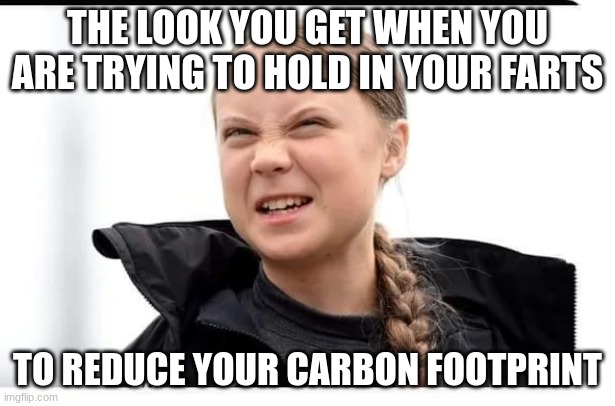 Greta thunberg be like | THE LOOK YOU GET WHEN YOU ARE TRYING TO HOLD IN YOUR FARTS; TO REDUCE YOUR CARBON FOOTPRINT | image tagged in greta thunberg pushing | made w/ Imgflip meme maker