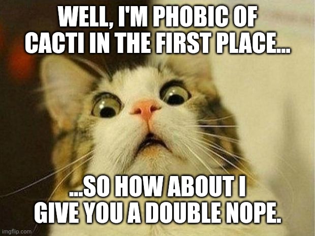 Scared Cat Meme | WELL, I'M PHOBIC OF CACTI IN THE FIRST PLACE... ...SO HOW ABOUT I GIVE YOU A DOUBLE NOPE. | image tagged in memes,scared cat | made w/ Imgflip meme maker