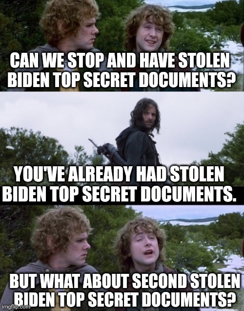 Pippin Second Breakfast | CAN WE STOP AND HAVE STOLEN 
BIDEN TOP SECRET DOCUMENTS? YOU'VE ALREADY HAD STOLEN BIDEN TOP SECRET DOCUMENTS. BUT WHAT ABOUT SECOND STOLEN
BIDEN TOP SECRET DOCUMENTS? | image tagged in pippin second breakfast | made w/ Imgflip meme maker