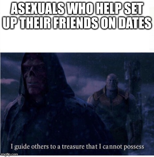 Iceu style meme as the day ends | ASEXUALS WHO HELP SET UP THEIR FRIENDS ON DATES | image tagged in i guide others to a treasure i cannot possess | made w/ Imgflip meme maker