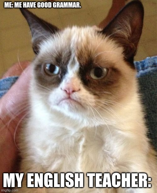 English teachers when you purposely say something that isn't gramatically correct uwu | ME: ME HAVE GOOD GRAMMAR. MY ENGLISH TEACHER: | image tagged in memes,grumpy cat | made w/ Imgflip meme maker