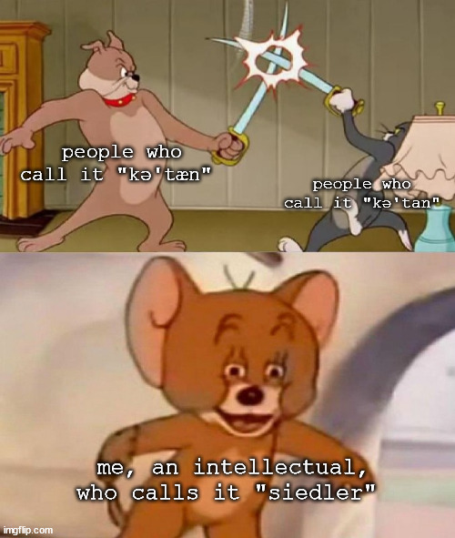 Catan Pronounciation | people who call it "kə'tæn"; people who call it "kə'tan"; me, an intellectual, who calls it "siedler" | image tagged in tom and jerry swordfight | made w/ Imgflip meme maker