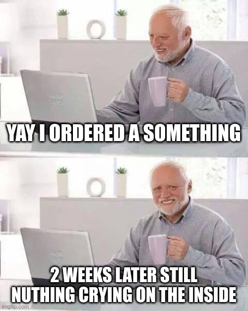 Hide the Pain Harold | YAY I ORDERED A SOMETHING; 2 WEEKS LATER STILL NOTHING CRYING ON THE INSIDE | image tagged in memes,hide the pain harold | made w/ Imgflip meme maker