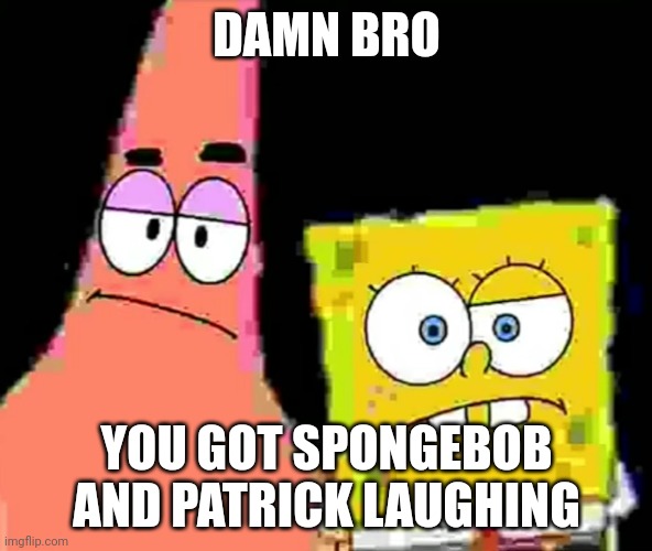 SpongeBob and Patrick look at you | DAMN BRO YOU GOT SPONGEBOB AND PATRICK LAUGHING | image tagged in spongebob and patrick look at you | made w/ Imgflip meme maker