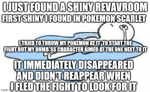 pain | FIRST SHINY I FOUND IN POKEMON SCARLET; I JUST FOUND A SHINY REVAVROOM; I TRIED TO THROW MY POKEMON AT IT  TO START THE FIGHT BUT MY DUMB*SS CHARACTER AIMED AT THE ONE NEXT TO IT; IT IMMEDIATELY DISAPPEARED AND DIDN'T REAPPEAR WHEN I FLED THE FIGHT TO LOOK FOR IT | image tagged in person crying,shiny,sad,why,tears | made w/ Imgflip meme maker